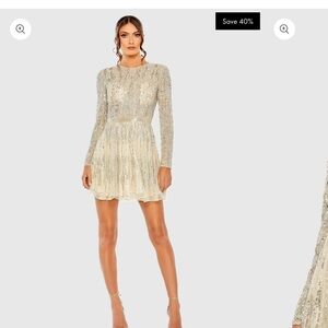 Mac Duggal Ivory High Neck Long Sleeve A Line Mini Dress